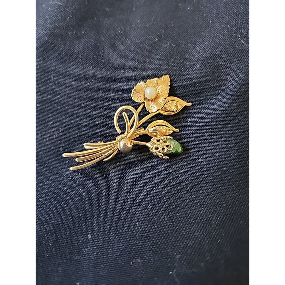 Vintage‎ Sarah Coventry Bouquet Faux Pearl Jade Leaf And Flower Brooch Pin
